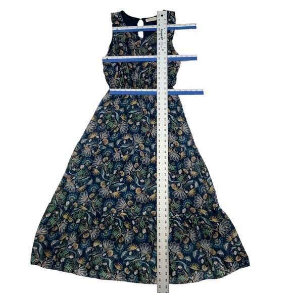 Lara Guidotti Dress L Navy Blue Floral Sleeveless Ruffle Midi Silk Blend Italy - Picture 4 of 12